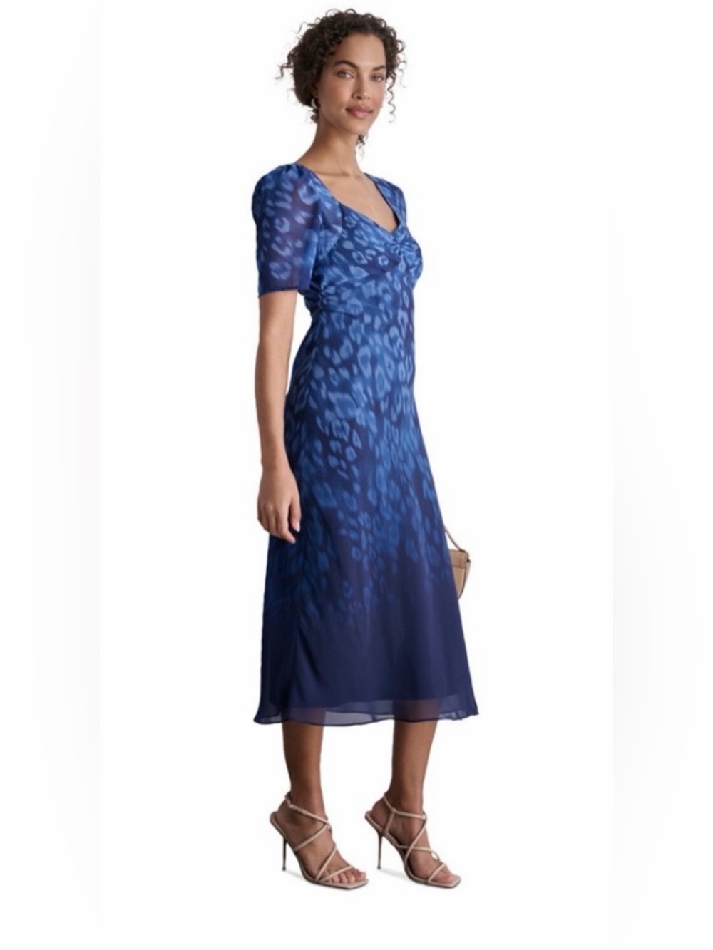 Dkny Blue Women's Short Sleeve Sweetheart Neck Lined Side Slit Midi Dress - Picture 6 of 12